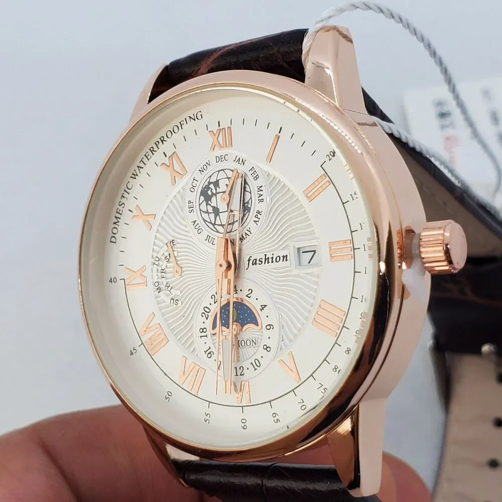 Men's 40MM Watch Gray Dial Brown Leather‎ Bands Roman Numerals Date Indicator